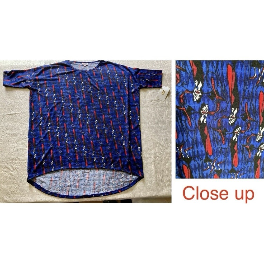 Womens Medium LuLaRoe Disney Irma Tunic Top Cruella De Vil Blue Red 116292